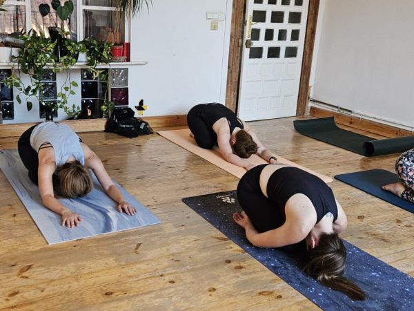 people in a room in a yoga pose, child's pose